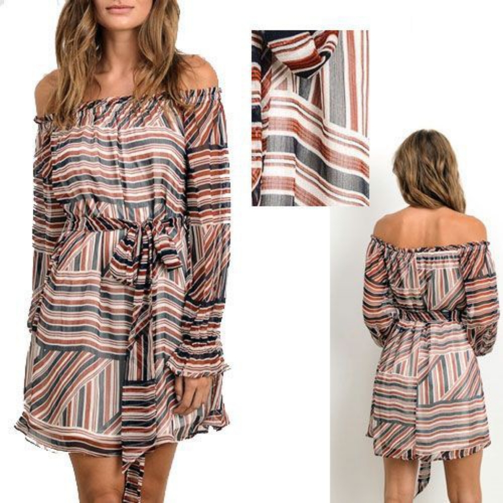 Off shoulder rust striped chiffon dress